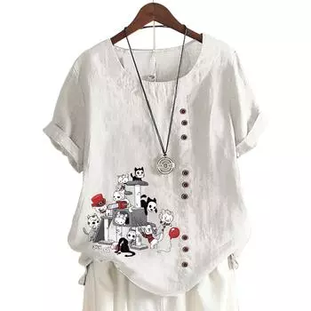 Модный женский топ с короткими рукавами, 11 яркими цветочными узорами и круглым вырезом S белый