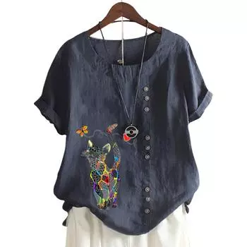 Модный женский топ с круглым вырезом и короткими рукавами с цветочным принтом в 11 цветах S синий