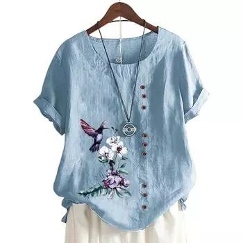 Модный женский топ с круглым вырезом и короткими рукавами, 11 вариантов цвета и стильный цветочный дизайн S озеро синий