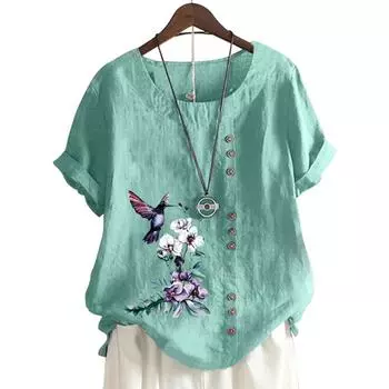 Модный женский топ с круглым вырезом и короткими рукавами, 11 вариантов цвета и стильный цветочный дизайн S озеро синий