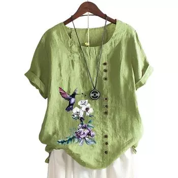 Модный женский топ с круглым вырезом и короткими рукавами, 11 вариантов цвета и стильный цветочный дизайн S озеро синий