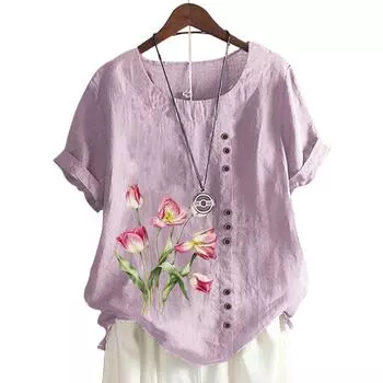 Модный женский топ с круглым вырезом и короткими рукавами, 11 вариантов цвета и стильный цветочный дизайн S белый