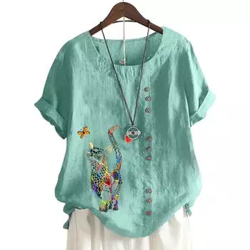 Модный женский топ с круглым вырезом и короткими рукавами с цветочным принтом в 11 цветах S синий