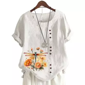 Модный женский топ с круглым вырезом и короткими рукавами, 11 вариантов цвета и стильный цветочный дизайн S белый