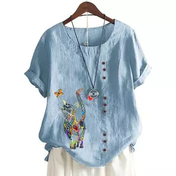 Модный женский топ с круглым вырезом и короткими рукавами с цветочным принтом в 11 цветах S синий
