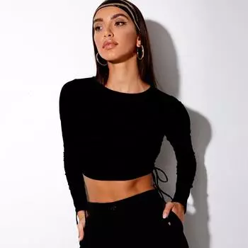 Модный женский топ в полоску зебры, стильный укороченный топ с длинными рукавами и завязками сбоку, осенний новый пуловер с круглым воротником, топы, футболка, женская футболка S чёрный