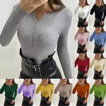 Модный женский трикотаж с длинным рукавом и V-образным вырезом в рубчик, трикотажная блузка, повседневный пуловер, топ L абрикосовый