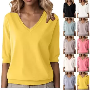 Модный женский трикотажный свитер с V-образным вырезом, свободная рубашка, футболка L бежевый