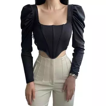 Модный женский укороченный топ с квадратным воротником, повседневная одежда, элегантный пояс с объемными рукавами, женский осенне-весенний топ, женская одежда S чёрный