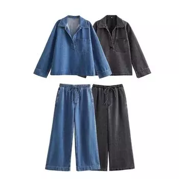 Модный женский весенне-летний и осенний свободный свитер с лацканами и длинными рукавами, джинсовая куртка, брюки, костюм L синий