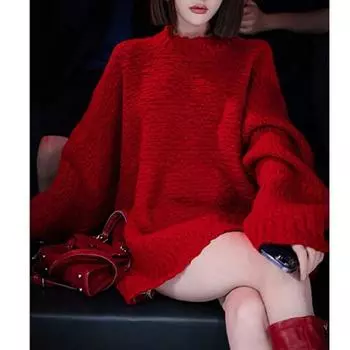 Модный женский вязаный красный свитер осень-зима круглый вырез корейский свободный пуловер длинный свитер топы с длинным рукавом одежда 1439 One Size красный