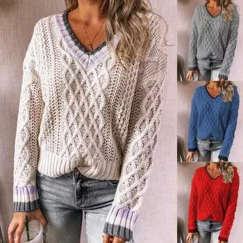 Модный женский вязаный пуловер с v-образным вырезом и длинными рукавами, повседневные топы L синий