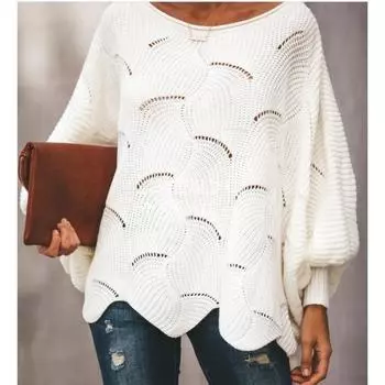 Модный женский вязаный свитер большого размера с длинным рукавом, тонкий, свободный, повседневный, элегантный, с ажурной вязкой, повседневные пуловеры, уличная одежда, простые женские топы S белый