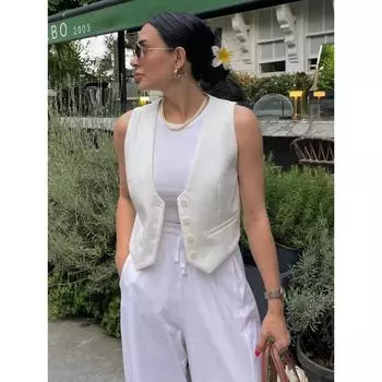 Модный женский жилет, летний женский жилет без рукавов, шикарный однобортный женский белый жилет, топы, новые повседневные однотонные пальто, элегантные уличные костюмы S белый