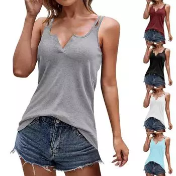 Модный женский жилет-майка с V-образным вырезом, однотонный топ-труба без рукавов L чёрный