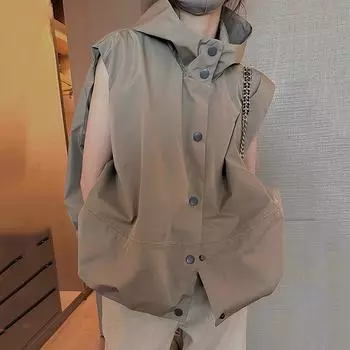 Модный женский жилет с капюшоном, винтажные свободные куртки без рукавов, женская осенняя уличная одежда, повседневный женский жилет 2023 S хаки