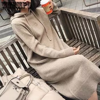 Модный женский зимний толстый вязаный свитер с капюшоном, свободный пуловер средней длины, вязаное платье-свитер XXL