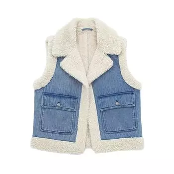 Модный жилет без рукавов из овечьей шерсти, женский толстый лоскутный женский жилет, куртка осень-зима, теплые повседневные плюшевые женские топы с лацканами XS синий