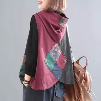 Модный жилет больших размеров в этническом стиле, женский джинсовый жилет с капюшоном и пуговицами, повседневный жилет, весна-лето, большой размер, женский XXL красный