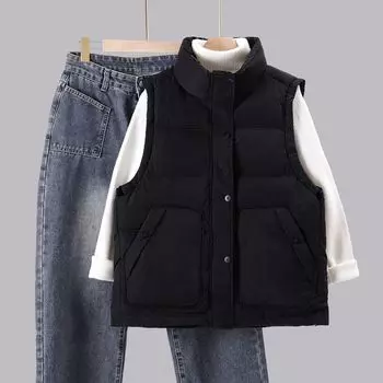 МОДНЫЙ жилет из хлопка для женщин 2024 года, весна, новая свободная верхняя одежда, жилет из хлопка, жилет, куртка, осенне-зимний жилет из хлопка в иностранном стиле, одежда M чёрный