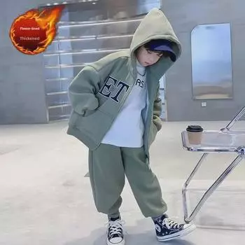 Модный зимний костюм с капюшоном из бархата для мальчиков - 2023 г., свободный, уютный, комплект из 2 предметов 130 cm