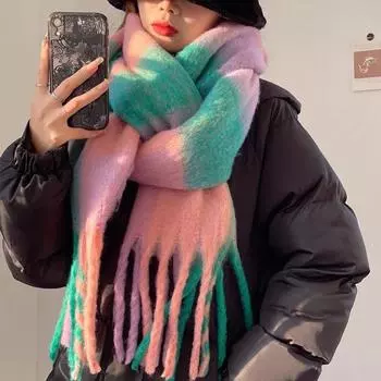 Модный зимний толстый теплый шарф для женщин и девочек, универсальный клетчатый шарф с кисточками, контрастный цвет, шарф для защиты шеи A7