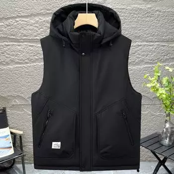 Модный зимний жилет без рукавов, мужские парки с капюшоном, большие размеры, повседневная толстая верхняя одежда, мужские куртки L чёрный