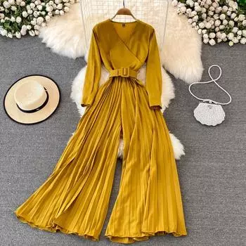 Модный знаменитый темпераментный комбинезон с V-образным вырезом и высокой талией, тонкий бандажный комбинезон с широкими штанинами и плиссировкой, женский One Size зелёный