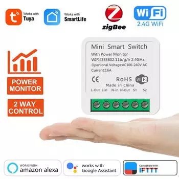 Модуль интеллектуального выключателя Tuya 16A ZigBee WiFi с монитором питания, двухпозиционный выключатель, работает с приложением Alexa Google Home Smart Life WiFi NO Monitor