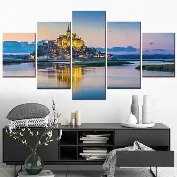 Модульная HD-печать для домашнего декора, настенная картина на холсте, 5 частей, пейзажная картина «Мон Сен-Мишель в сумерках», постер без рамки 20x35cm*2 20x45cm*2 20x55cm*1 No Frame