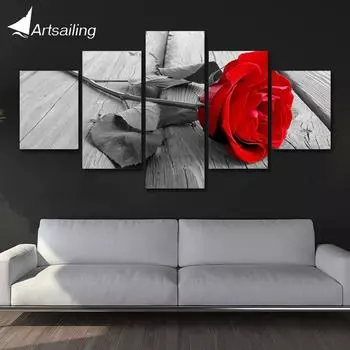 Модульная картина на холсте, принты, домашний декор, 5 шт., цветок розы, красный цветок, художественные настенные панно для гостиной, постеры и принты 20x35cm*2 20x45cm*2 20x55cm*1