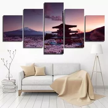 Модульная настенная живопись на холсте HD печать 5 шт. Пагода Чурейто и гора Фудзи постер картина декор гостиная художественная рамка Medium Size Unframed Canvas