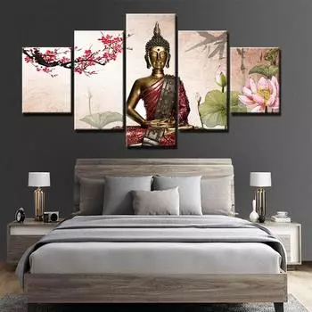 Модульные Hd принты, изображения, статуя Будды, картины, украшение дома, 5 панелей, холст, религиозные плакаты, настенное искусство для гостиной, рамка 20x35cm*2 20x45cm*2 20x55cm*1
