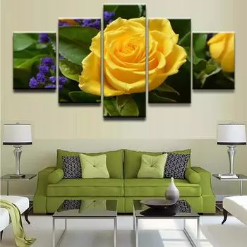 Модульные картины на холсте, домашний декор, настенное искусство в рамке, 5 шт., природа, весна, желтая роза, картина для гостиной, HD печатный постер без рамки 20x35cm*2 20x45cm*2 20x55cm*1