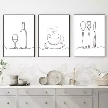 Модульные картины в скандинавском стиле, напечатанный постер, линия кофе, красное вино, нож и вилка, настенная живопись на холсте для домашнего декора кухни 21x30cm No Framed