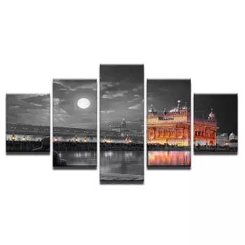 Модульные настенные художественные фотографии для гостиной, HD печатный плакат, 5 шт., индийский золотой храм, холст, картина, домашний декор 20x35cm*2 20x45cm*2 20x55cm*1