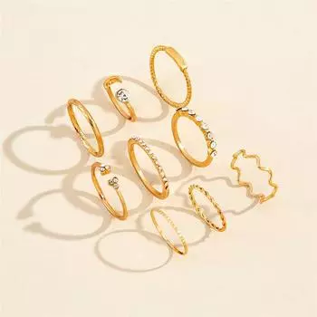 Modyle 9 pcs/set Luxury Crystal Stone Gold Color Rings Set for Women Men Charms Moon Twist Wave Geometric Alloy Boho Jewelry