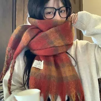 Шарф из мохера с кисточками, женский зимний утолщенный теплый шарф в радужную клетку для защиты от холода хаки