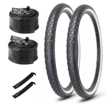 MOHEGIA Set of 2 24 Inch Bicycle 24 x Inch All Terrain Vehicle Tires Foldable Bi Replacement American Style Tire Lever White Side Tires 2.125