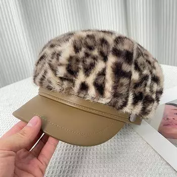 Мохеровая восьмиклинка с леопардовым принтом и кожаным козырьком, детская теплая осенне-зимняя кепка-утка, кепка газетчика, кепка художника 56-60CM