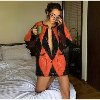 Мохеровый клетчатый контрастный женский свитер с круглым вырезом и длинными рукавами, женский кардиган 2025 года, весенняя мода, свободный однобортный женский трикотаж S оранжевый/чёрный