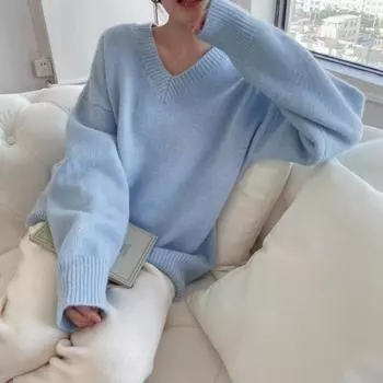Мохеровый нежный свитер, женский осенне-зимний свитер с V-образным вырезом, свободная мягкая трикотажная блузка с длинными рукавами для ленивого ветра S синий