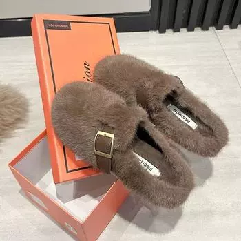 Мохнатые тапочки для женщин на осень и зиму, новый стиль, одна нога, ленивые, полуноски, хлопковые тапочки с хлопковыми тапочками 35