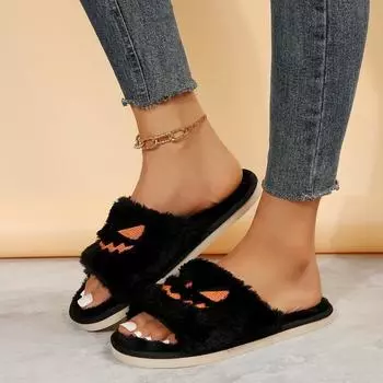 Мохнатые тапочки с тыквенной головой на Хэллоуин 2024 года, зимние плюшевые тапочки с носками, нескользящие и износостойкие, хлопковые тапочки One Word 36 серый