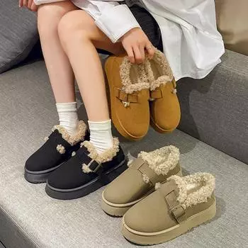 Мохнатые туфли, женские с круглым носком, толстая подошва с бархатом, ботинки Boken, зимние ботинки 36 чёрный