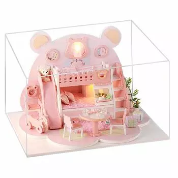moin moin Dollhouse Инструкция Миниатюрный DIY Набор для самостоятельной сборки Набор Медведь Медведь Розовый светодиодный светильник Акриловый чехол Лицо медведя 2109DH289 1/24 [Японское руководство] +