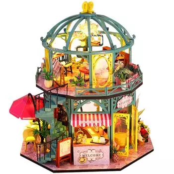 моин моин кукольный домик миниатюрный набор для ручной сборки масштаб Цветочный магазин кафе цветочный магазин виниловый домик круглый зеленый светодиод акриловый кейс музыкальная шкатулка зелёный