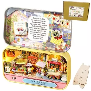Moin Moin Dollhouse Миниатюрный набор для ручной работы Инструкция по эксплуатации Медведь-турист Dreamland Аксессуары для плюшевого мишки Чехол для банки для начинающих Фруктовый ларек LED