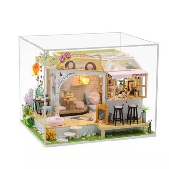 moin moin кукольный домик миниатюра ручной работы набор инструкция кошачье кафе лапка домашнее животное розовый светодиодный светильник акриловый чехол музыкальная шкатулка кошка фигурка 2204dh318 1/24 розовый