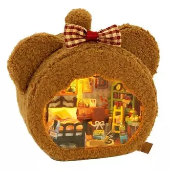 moin moin Кукольный домик Миниатюрный набор для ручной работы Набор пушистых животных Мордочка домика Медведь Ленточный плюшевый медведь Коричневый Новичок Размер ладони Изготовление Интерьерный светодиодный светильник